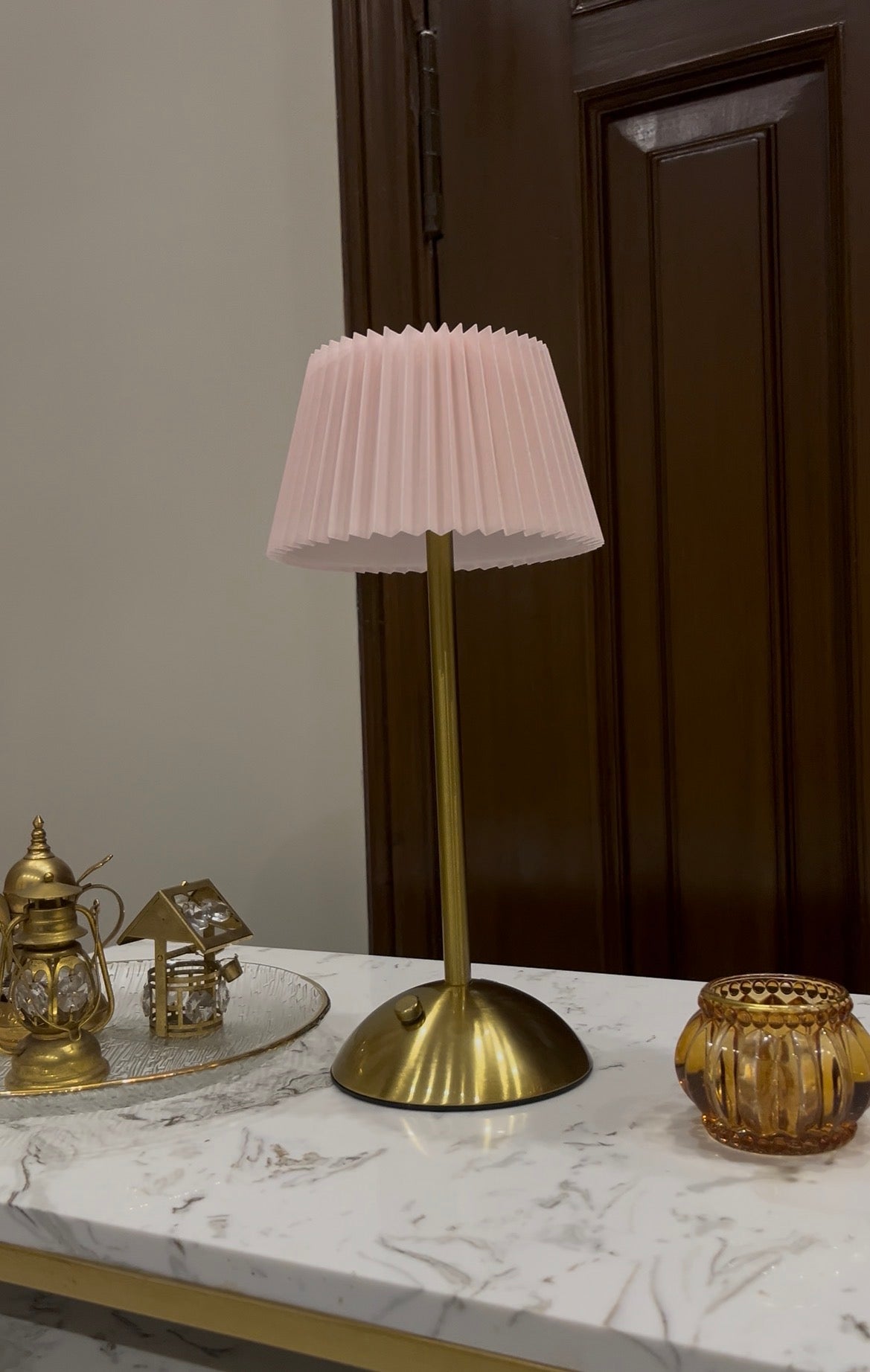 Pink Pleated Touch LED Table Lamp B/O ( 3 color Light )