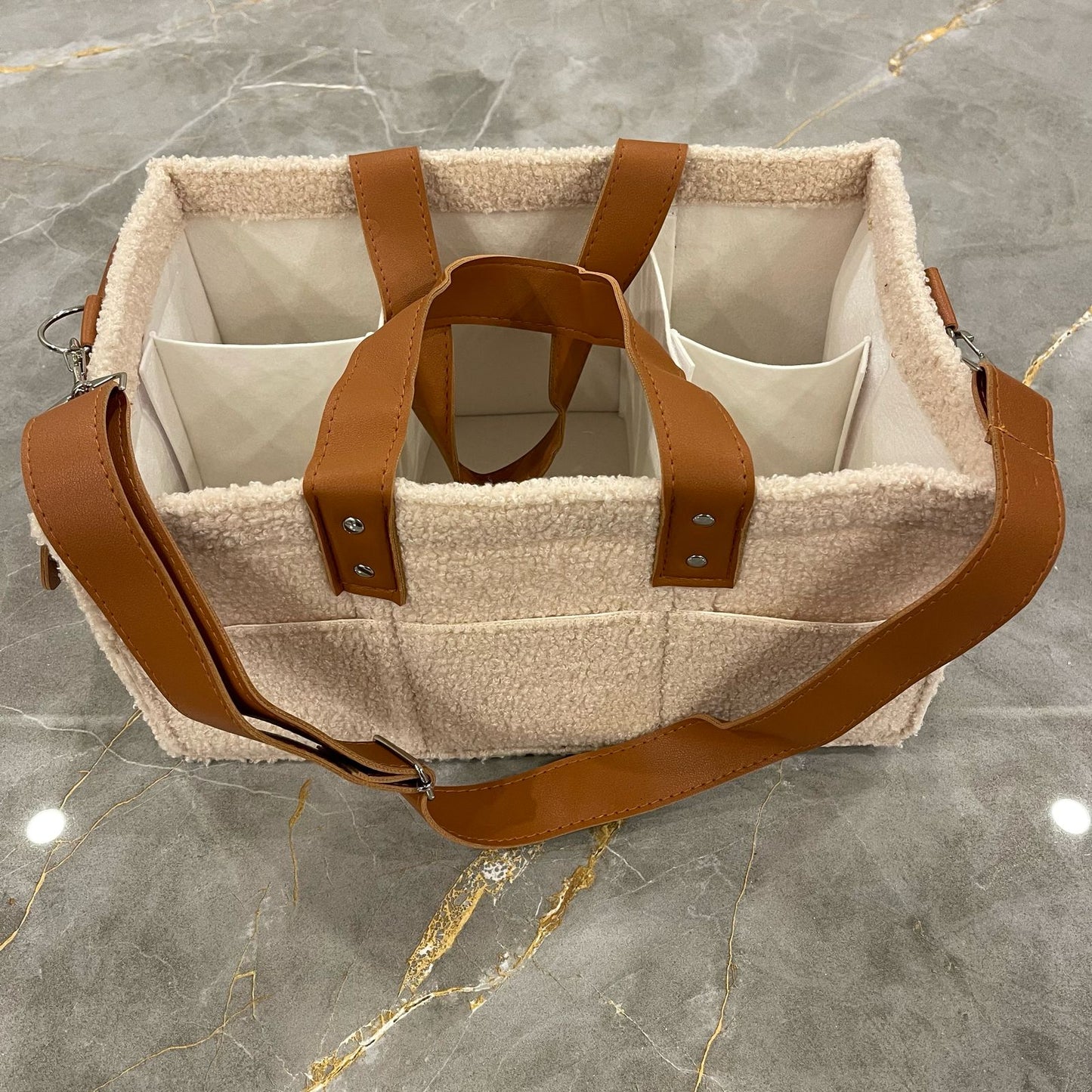 Diaper Caddy Bag | Baby Pink Color with Brown Handles and Leather Strap