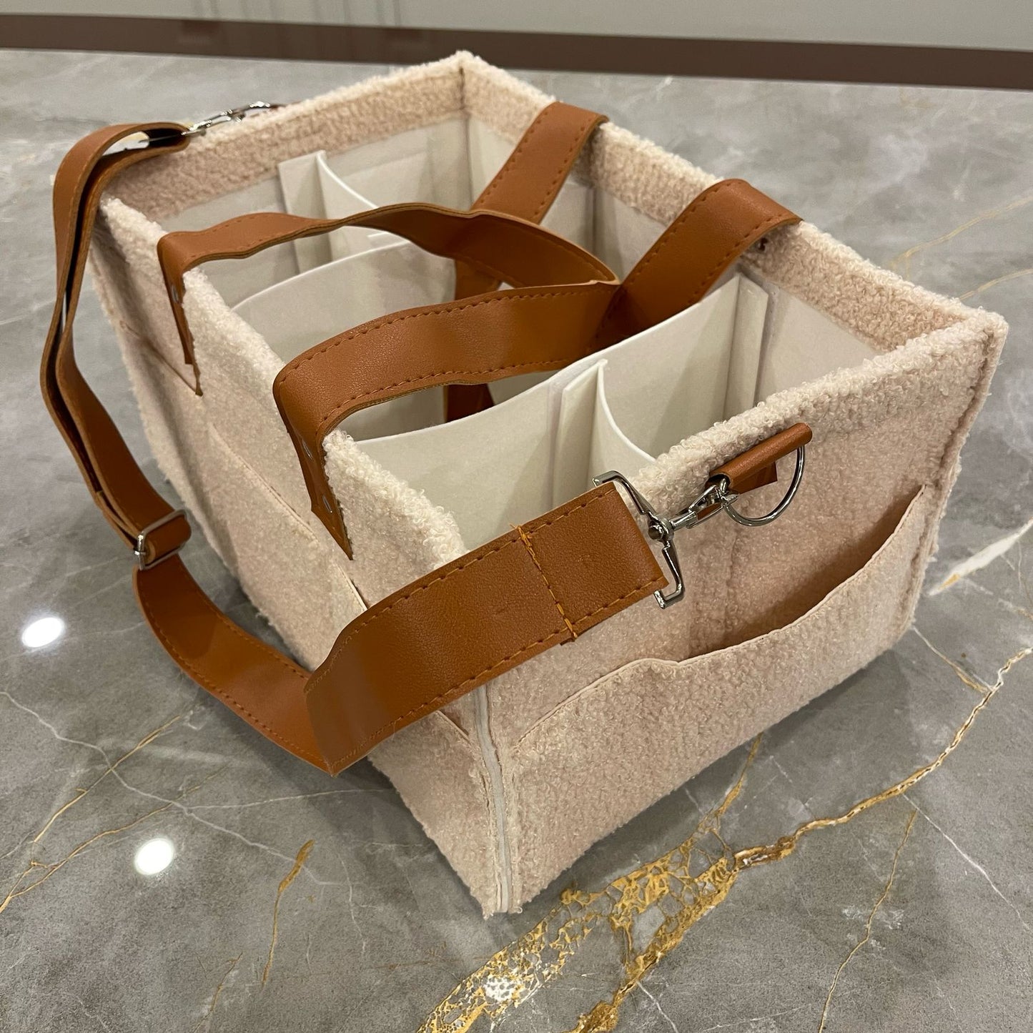 Diaper Caddy Bag | Baby Pink Color with Brown Handles and Leather Strap