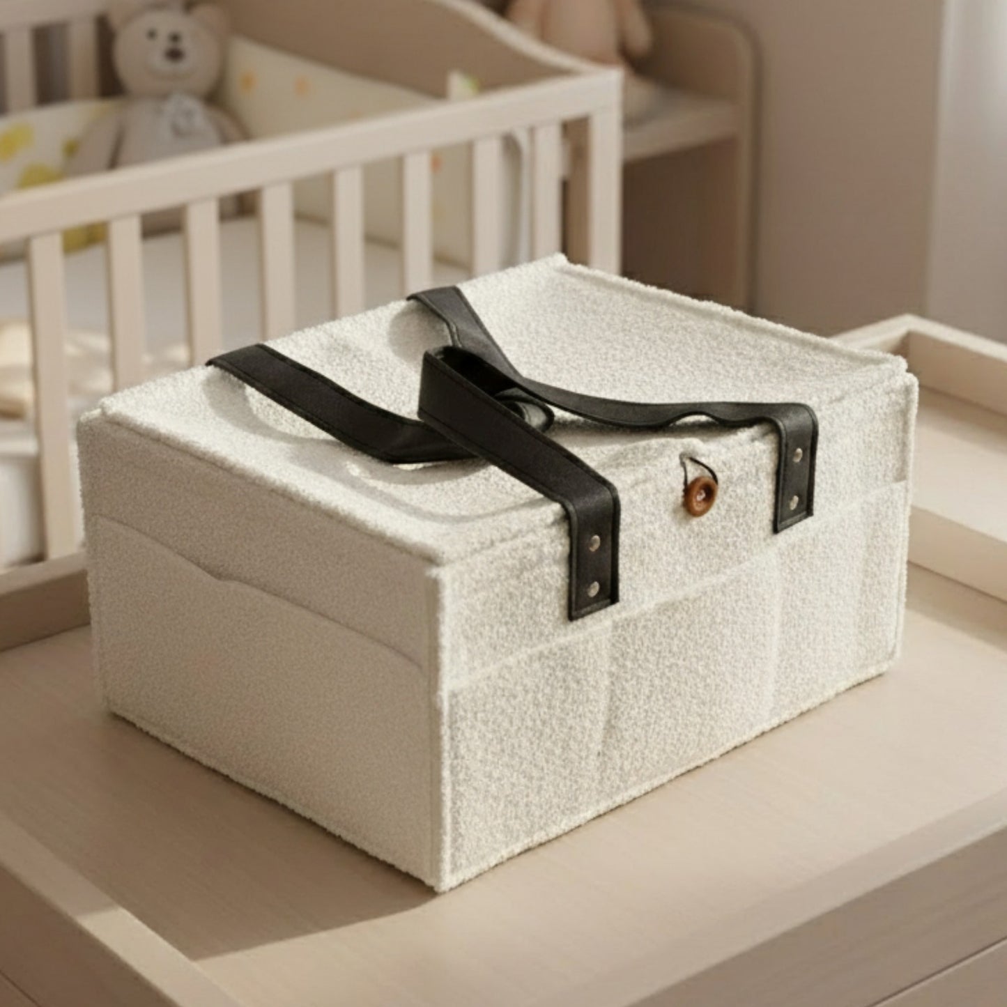 Diaper Caddy Bag XL Size with Lid and Zipper Pockets | White Color with Black Handles