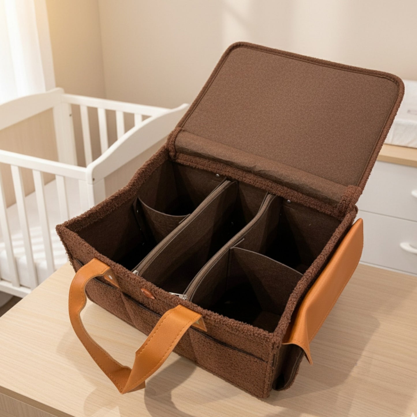 Diaper Caddy Bag XL Size with Lid and Zipper Pockets | Brown Color with Dark Brown Handles