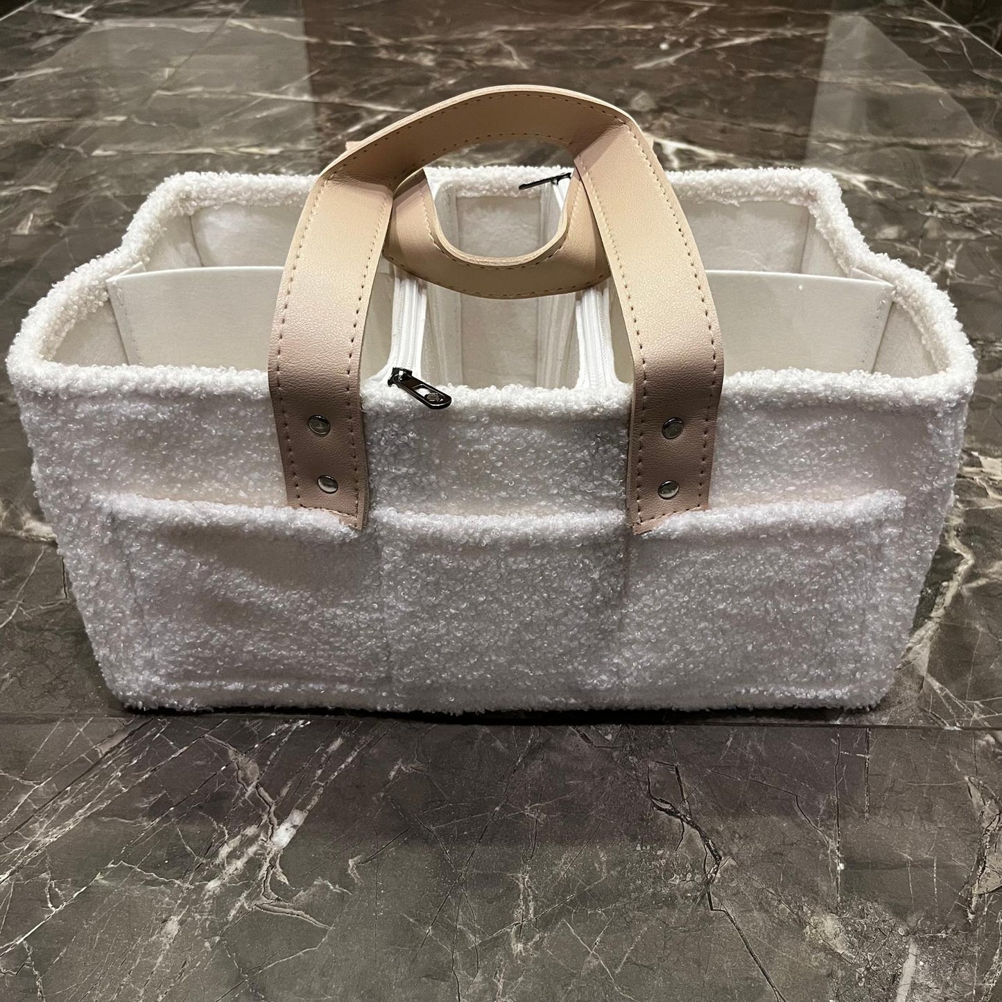 Diaper Caddy Bag XL Size | White Color with Skin White Handles and Zips