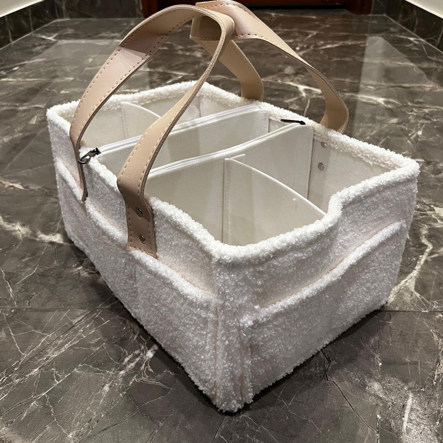 Diaper Caddy Bag XL Size | White Color with Skin White Handles and Zips