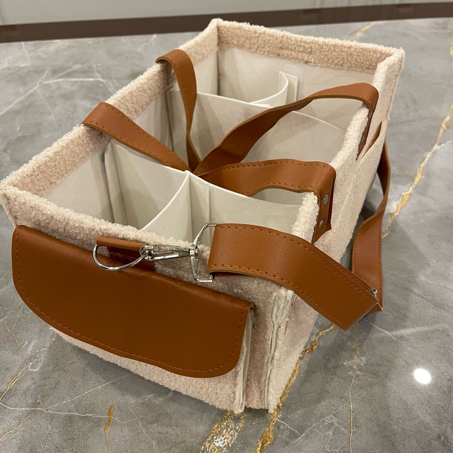 Diaper Caddy Bag | Baby Pink Color with Brown Handles and Leather Strap