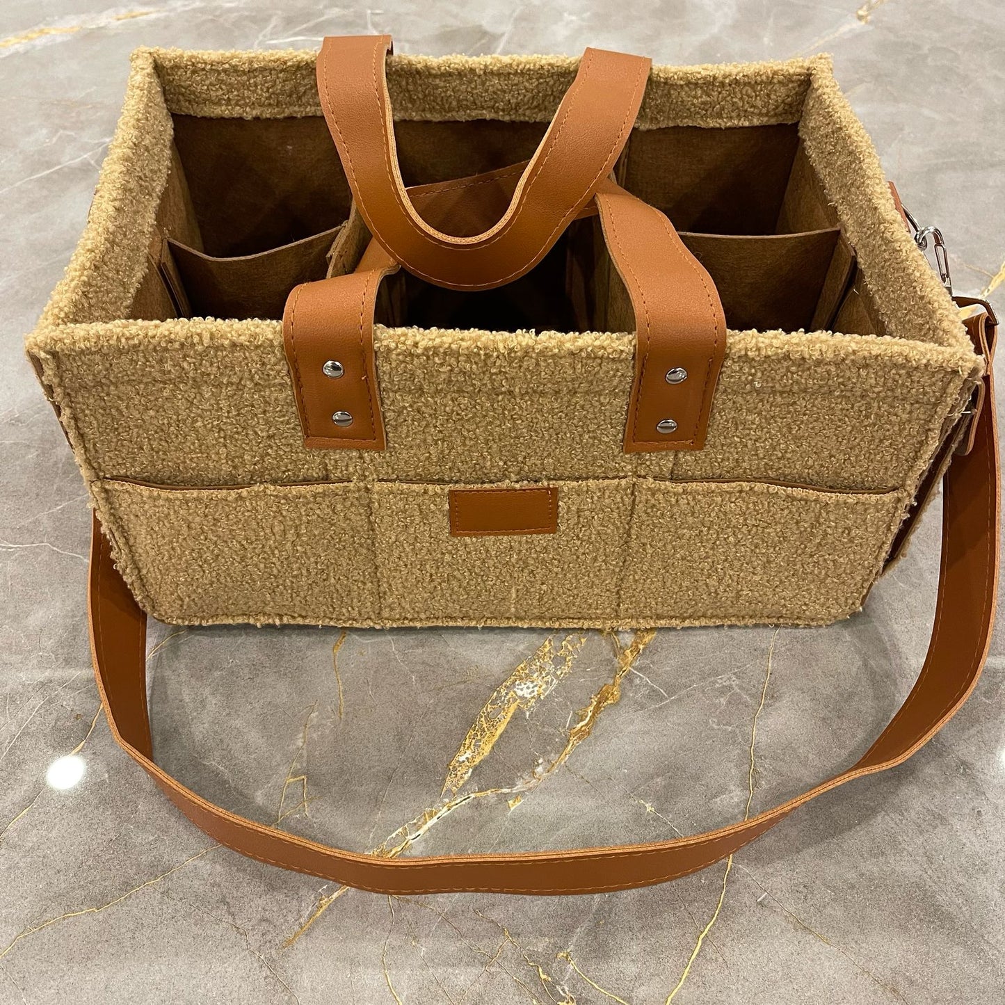 Diaper Caddy Bag XL Size | Brown Color with Dark Brown Handles and Leather Strap