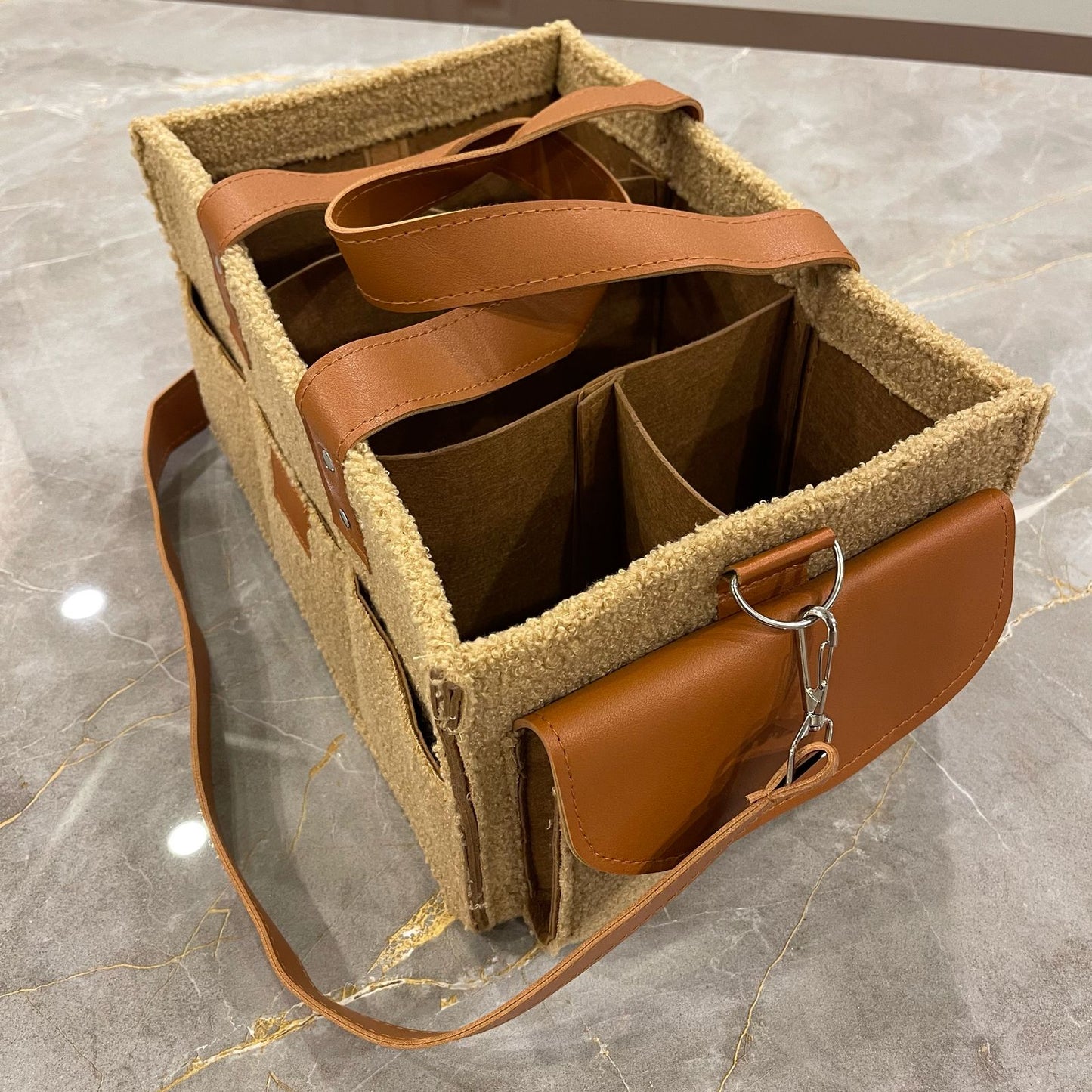 Diaper Caddy Bag XL Size | Brown Color with Dark Brown Handles and Leather Strap