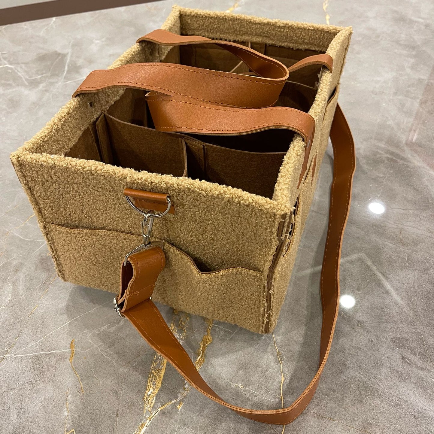 Diaper Caddy Bag XL Size | Brown Color with Dark Brown Handles and Leather Strap