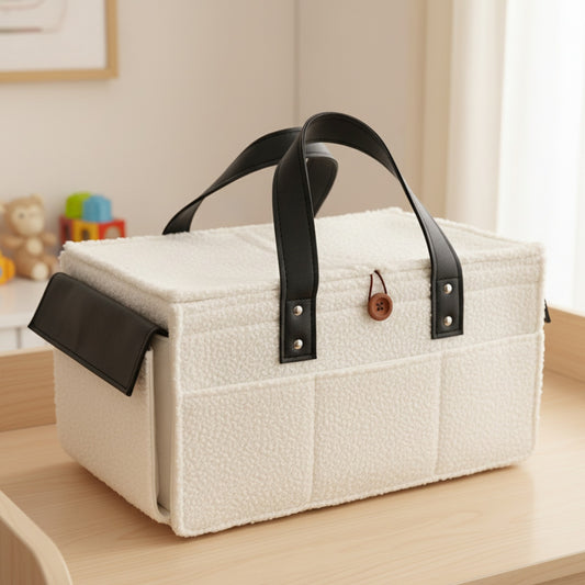 Diaper Caddy Bag XL Size with Lid and Zipper Pockets | White Color with Black Handles