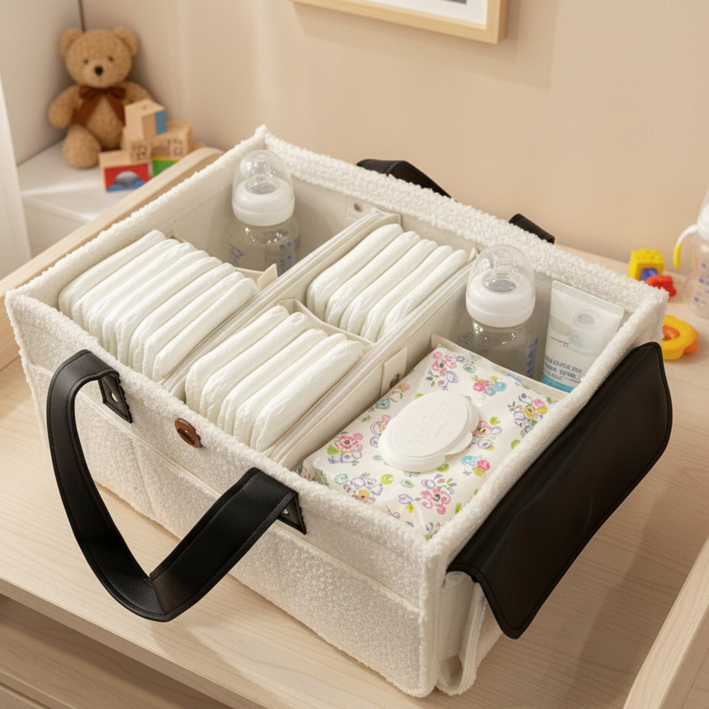 Diaper Caddy Bag XL Size with Lid and Zipper Pockets | White Color with Black Handles