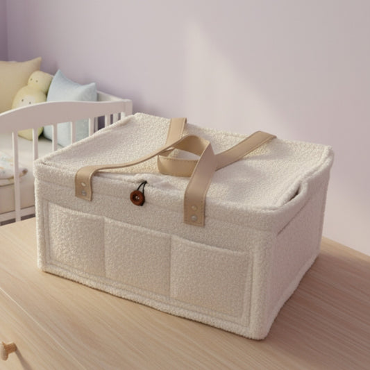 Diaper Caddy Bag XL Size with Lid and Zipper Pockets | White Color with Skin White Handles and Zips
