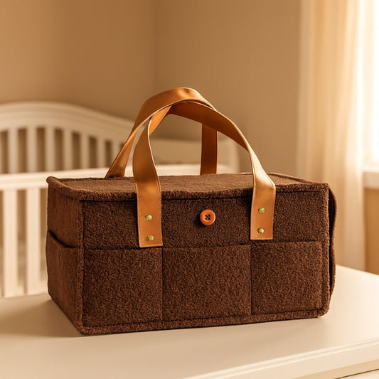 Diaper Caddy Bag XL Size with Lid and Zipper Pockets | Brown Color with Dark Brown Handles