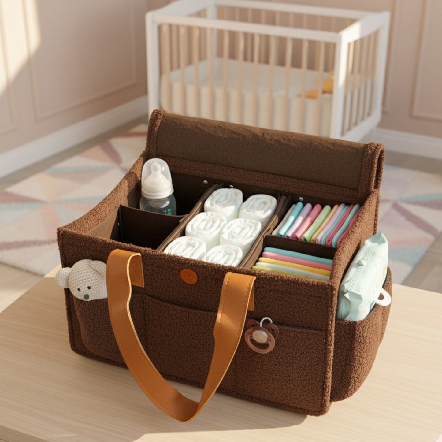 Diaper Caddy Bag XL Size with Lid and Zipper Pockets | Brown Color with Dark Brown Handles