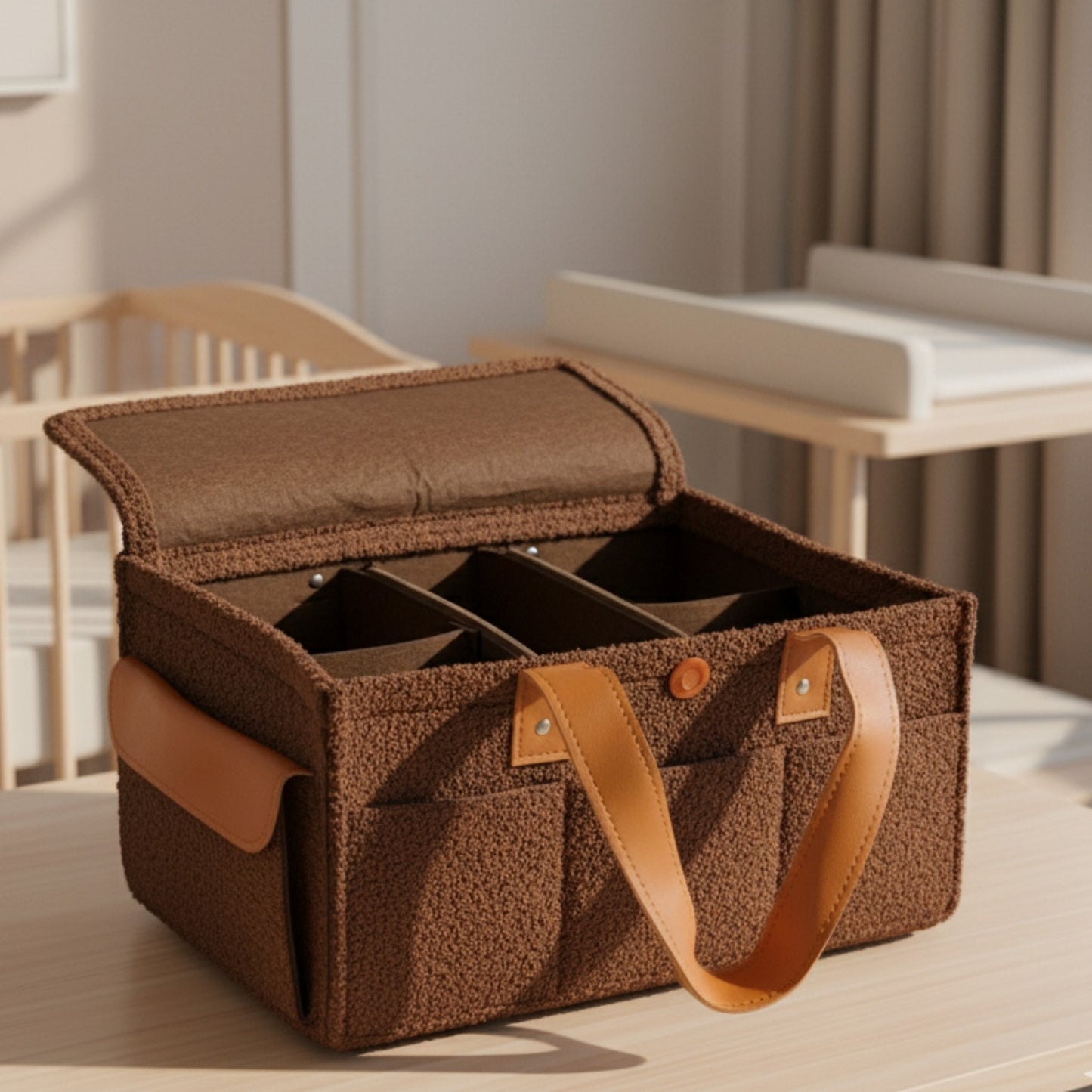 Diaper Caddy Bag XL Size with Lid and Zipper Pockets | Brown Color with Dark Brown Handles