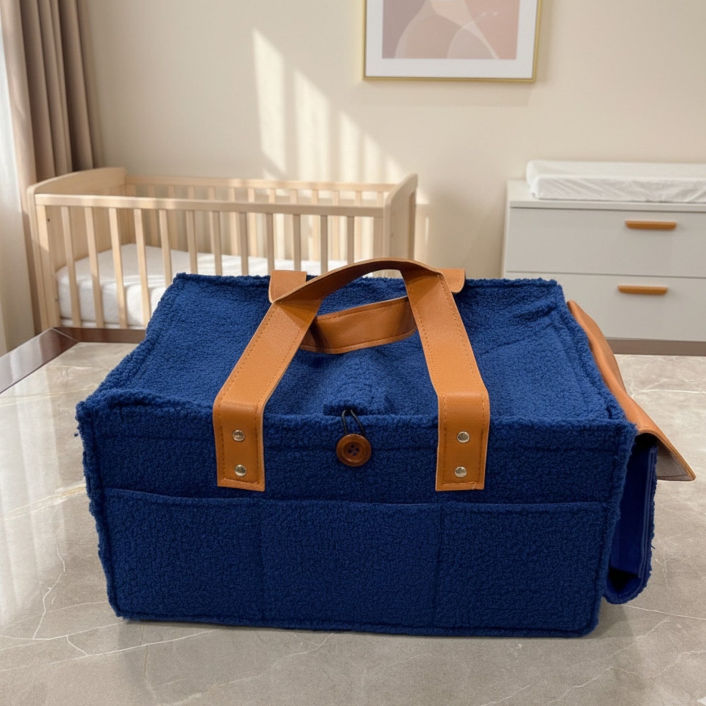 Diaper Caddy Bag XL Size with Lid and Zipper Pockets | Royal Blue Color with Light Brown Handles