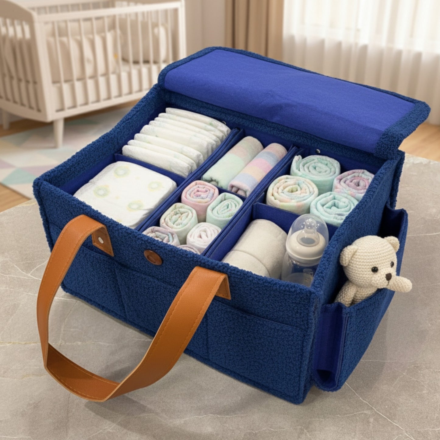 Diaper Caddy Bag XL Size with Lid and Zipper Pockets | Royal Blue Color with Light Brown Handles