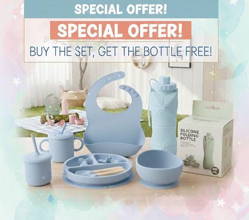 9 Pcs Silicone Meal Set with Free Silicone Water Bottle 600ml - 2 in 1